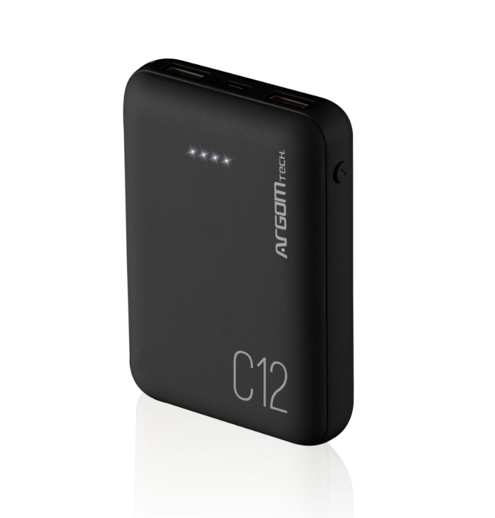 POWER BANK ARGOM C12 | ULTRA COMPACTO | 12.000MAH | 2 USB | NEGRO ARG-PB-1138BK