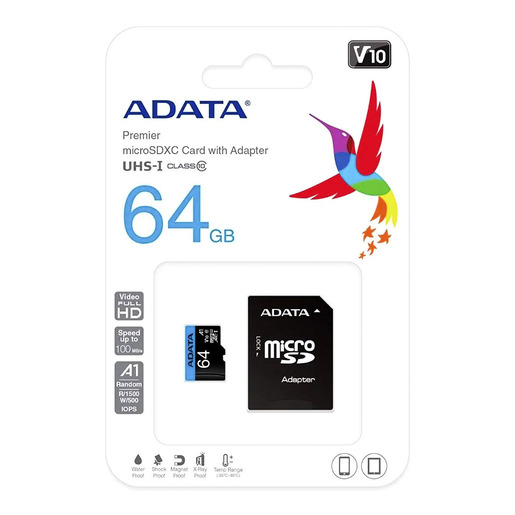 MEMORIA MICROSD ADATA 64GB | CLASE 10 | CON ADAPTADOR AUSDX64GUICL10A