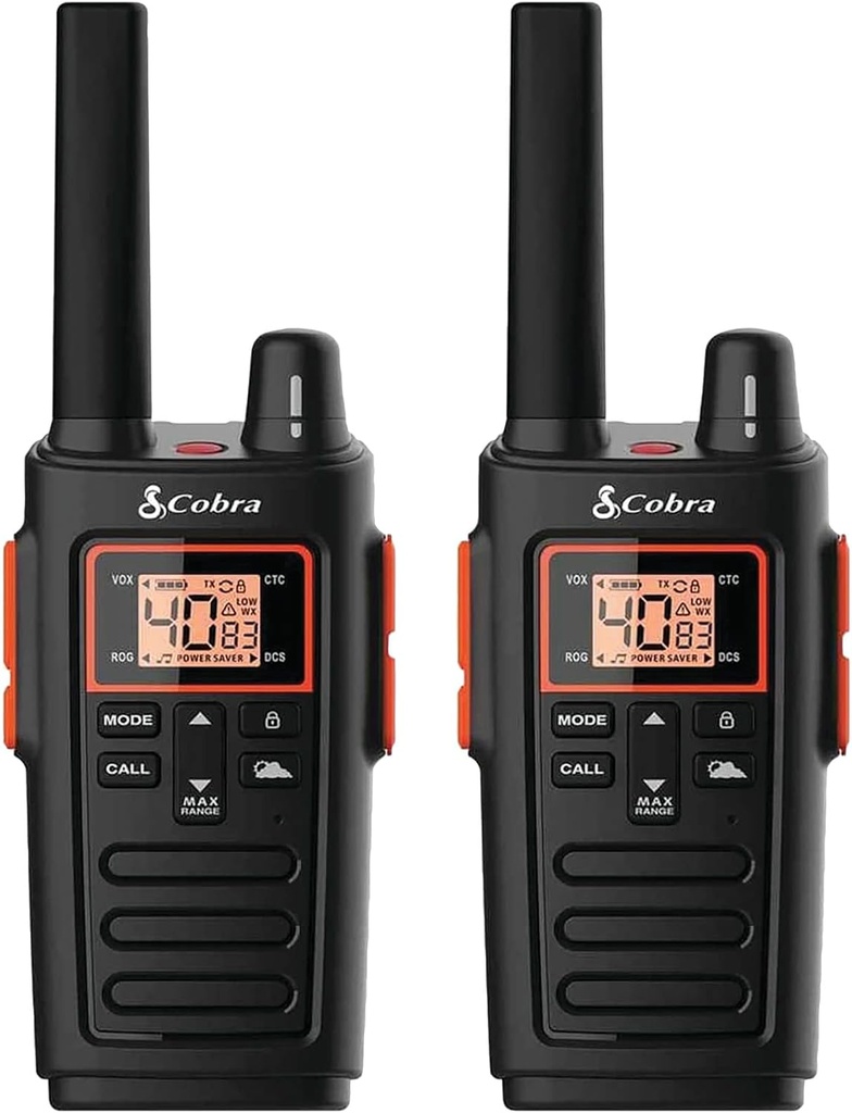 RADIOS COBRA WALKIE TALKIES RX380 (PAQUETE DE 2) BIDIRECCIONALES LARGO ALCANCE | 40 CANALES PREPROGRAMADOS | ALERTAS METEOROLÓGICAS | LINTERNA LED | BATERÍAS NIMH DE LARGA DURACION BBORX380