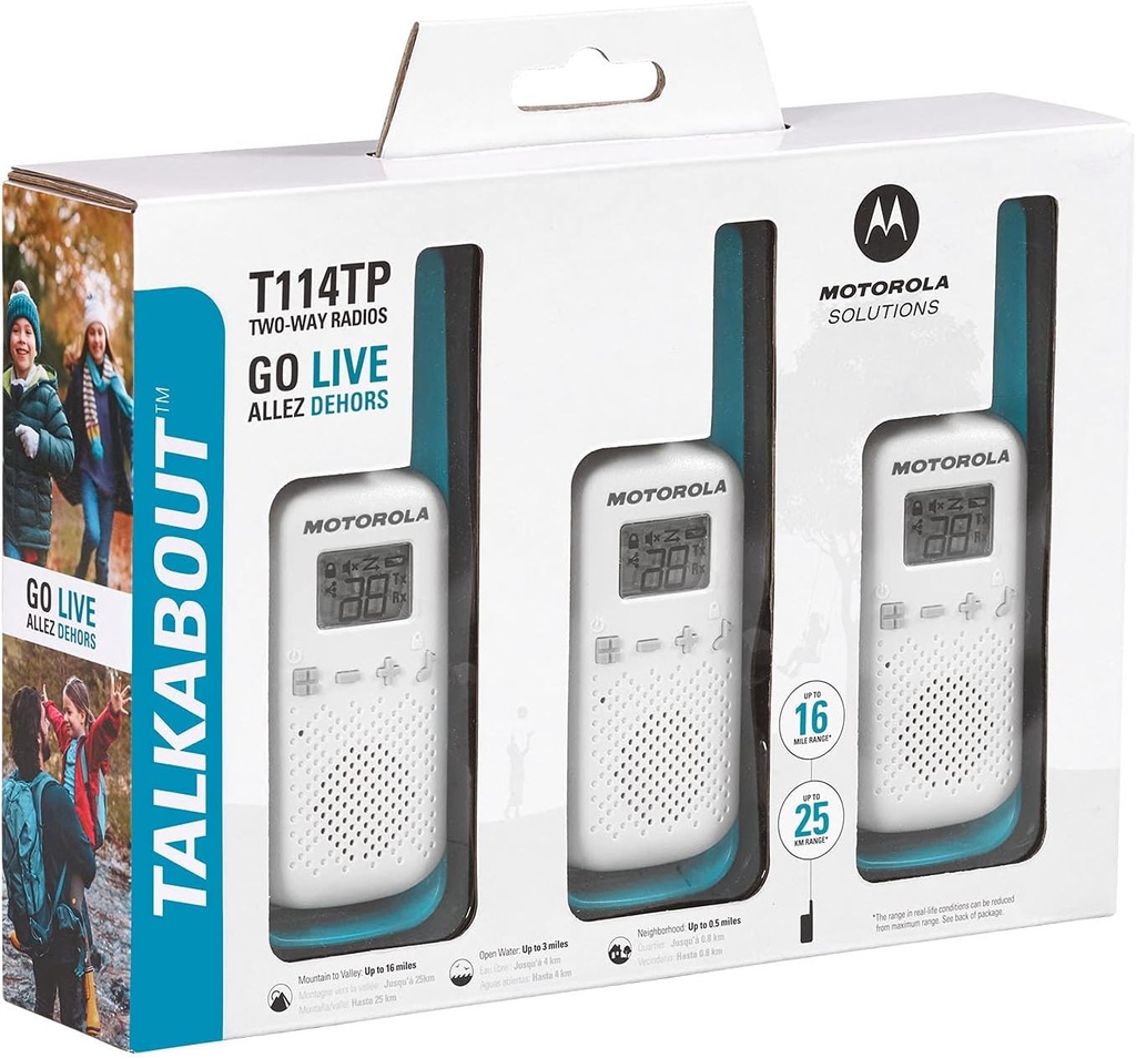 RADIOS MOTOROLA T114TP DOS VIAS 16 MILLAS COLOR BLANCO Y AZUL 3 PACK PK001066A01