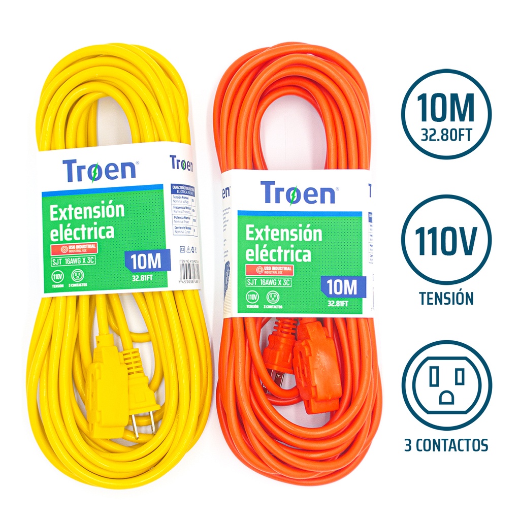 EXTENSION ELECTRICA TROEN 10MTS CALIBRE 16AWG MAXIMO 10 AMPER NARANJA | AMARILLO A136-R2723-10