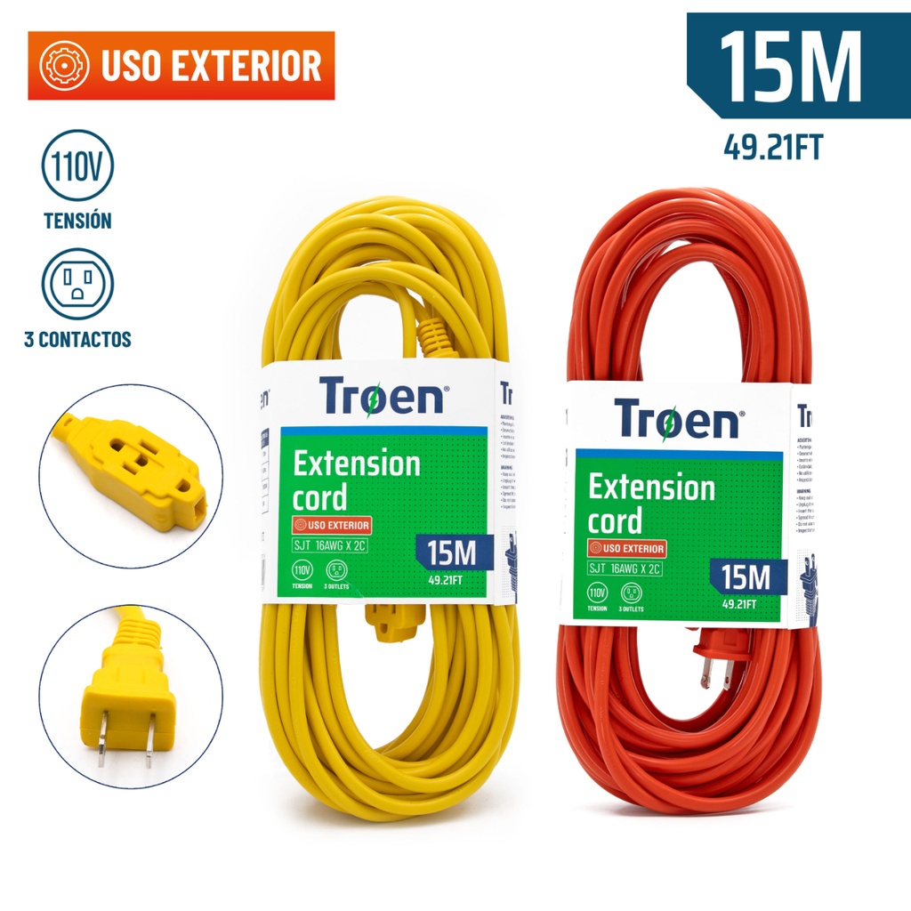 EXTENSION ELECTRICA TROEN 15MTS CALIBRE 16AWG MAXIMO 10 AMPER NARANJA | AMARILLO A136-RO2723-15