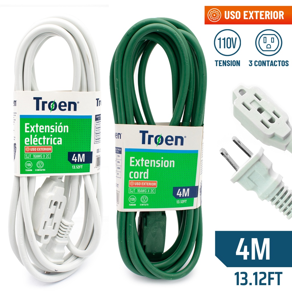 EXTENSION ELECTRICA TROEN 4MTS CALIBRE 16AWG MAXIMO 10 AMPER BLANCO | VERDE 3 TOMAS A136-RO2723-4-G