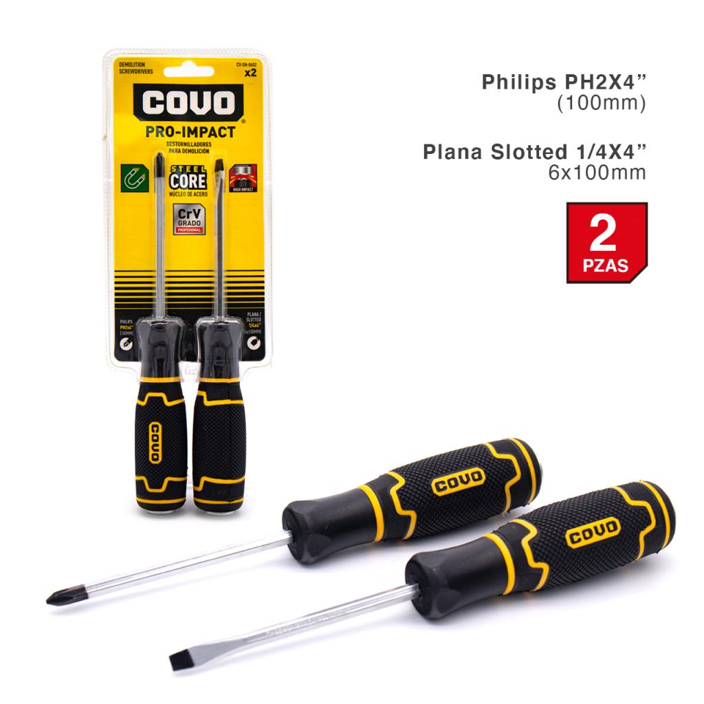 SET DESTORNILLADORES 2 PIEZAS COVO PALA ESTRIA 6X100MM MANGO DE GOMA GRADO PROFESIONAL CV-SH-0602