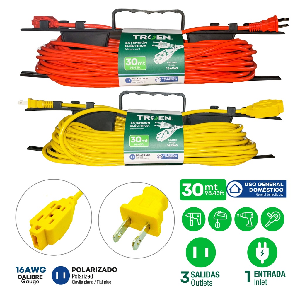 EXTENSION ELECTRICA TROEN 30MTS CALIBRE 16AWG MAXIMO 10 AMPER NARANJA | AMARILLO A136-R2723-30