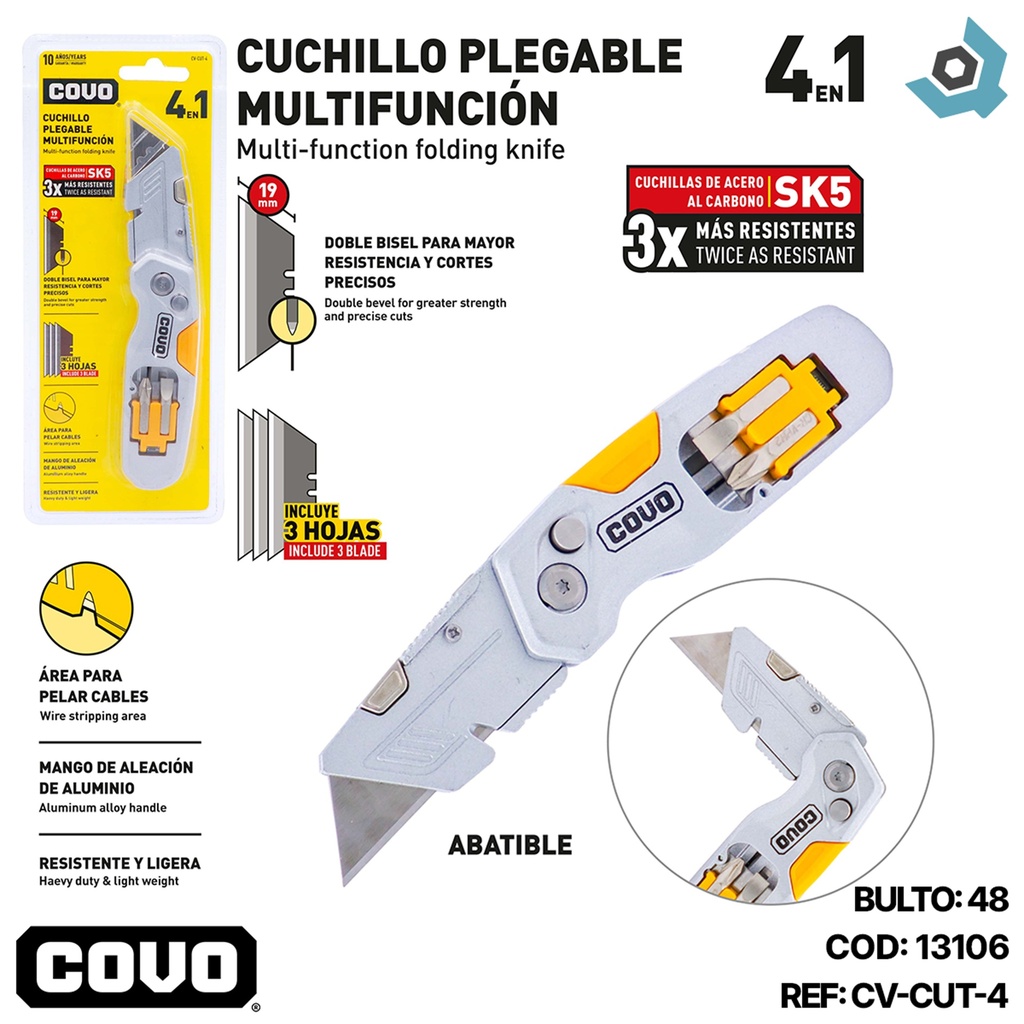 CUCHILLO PLEGABLE MULTIFUNCION COVO 4 EN 1 MAGO DE ALEACION DE ALUMINIO INCLUYE 3 HOJILLAS CV-CUT-4