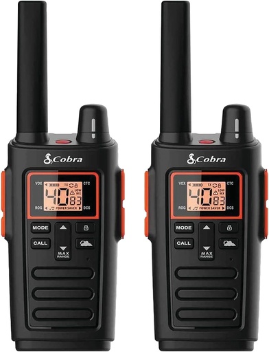 [204371] RADIOS COBRA WALKIE TALKIES RX380 (PAQUETE DE 2) BIDIRECCIONALES LARGO ALCANCE | 40 CANALES PREPROGRAMADOS | ALERTAS METEOROLÓGICAS | LINTERNA LED | BATERÍAS NIMH DE LARGA DURACION BBORX380