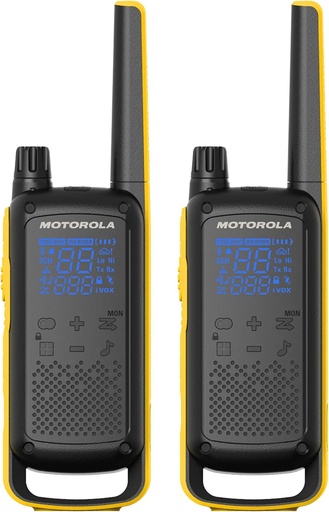[204369] MOTOROLA T470 TALKABOUT RADIOS BIDIRECCIONALES RECARGABLE 22 CANALES 35 MILLAS NEGRO CON AMARILLO PAQUETE DE 2 UNIDADES